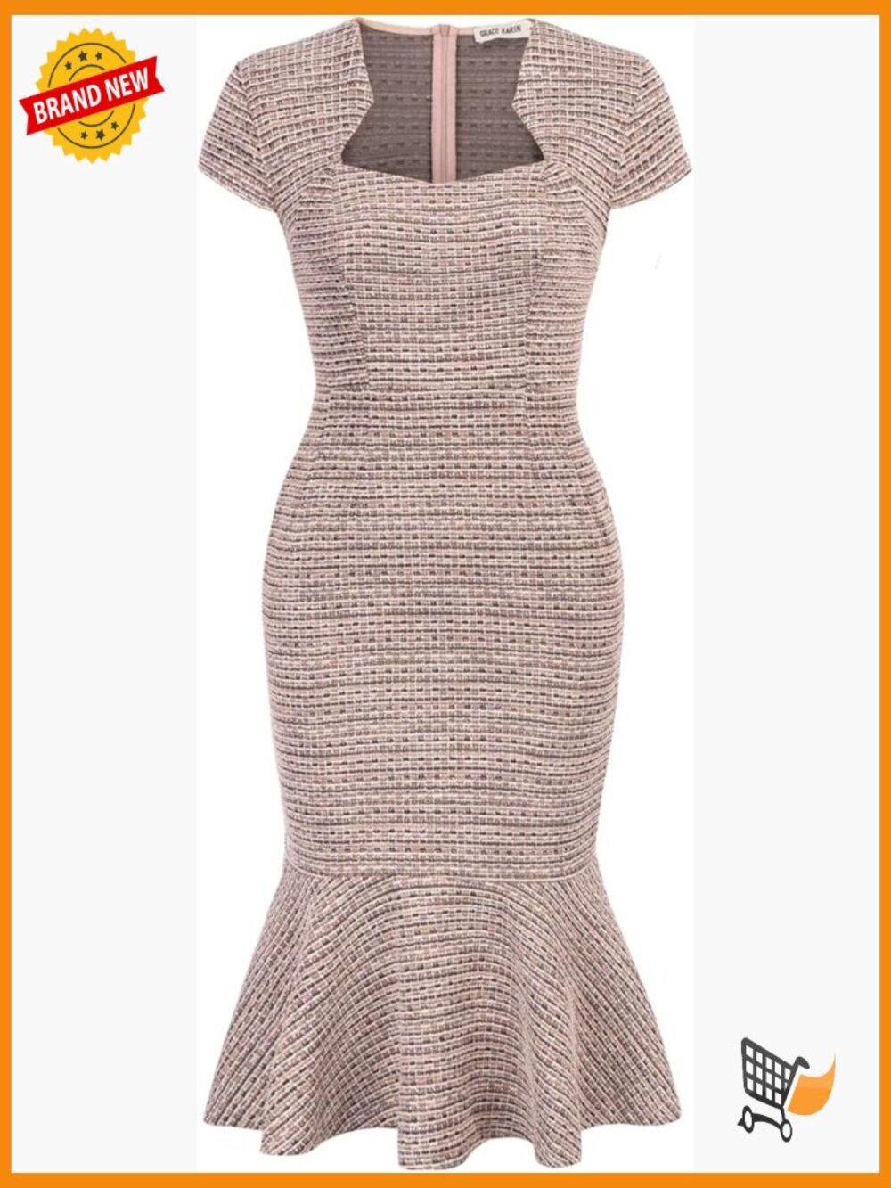 Cap Sleeve Fishtail Tweed Cocktail Bodycon Dress Midi Zip